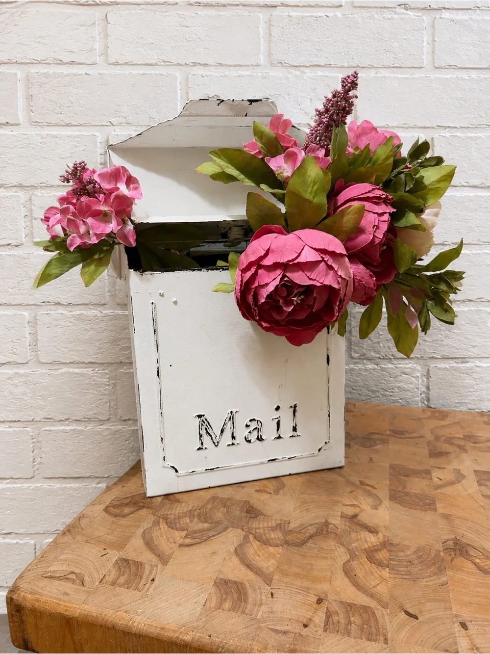 White Decorative Mail Holder with Pink Floral Accents